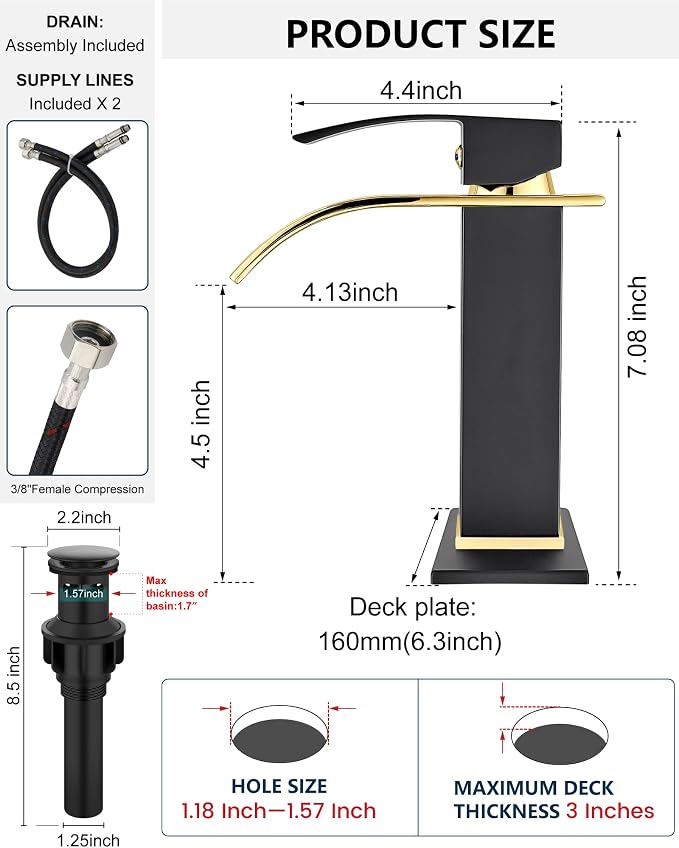Midanya Waterfall Bathroom Faucet 1 Hole,Polish Gold Spout/Matte Black | with 24” Hoses,Pop Up Drain,6” Deck Plate,for 1 or 3 Hole Vanity,Lavatory,RV,Single Handle Bathroom Sink Faucet,NSF Certified