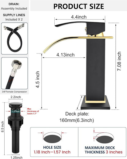 Midanya Waterfall Bathroom Faucet 1 Hole,Polish Gold Spout/Matte Black | with 24” Hoses,Pop Up Drain,6” Deck Plate,for 1 or 3 Hole Vanity,Lavatory,RV,Single Handle Bathroom Sink Faucet,NSF Certified