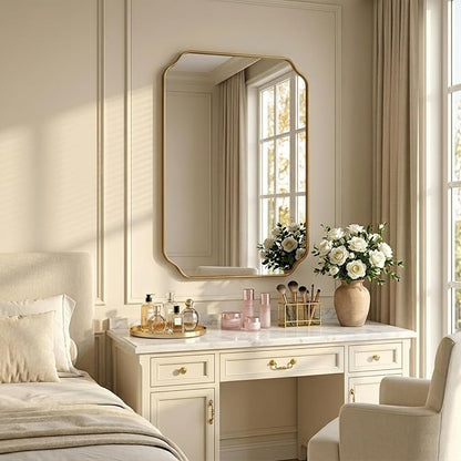 32"x24" Gold Wall Bathroom Mirror, Scalloped Edge Vanity Mirror | Hangs Vertically/Horizontally, Wooden Frame Decorative Mirror, For Vanity, Bedroom & Entryway, Aesthetic Bathroom Decor