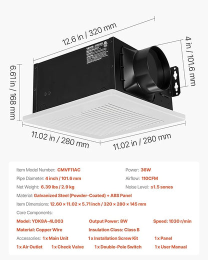 VEVOR Bathroom Exhaust Fan, 110 CFM Bathroom Vent, 1.5 Sones Low-Noise, Premium Motor Ceiling Fan, Standard 4-inch Duct Interface for Laundry Room, Storage Room, Home Ventilation, White