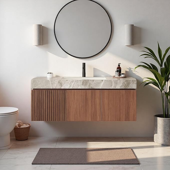 48" Bathroom Vanity with Sink, Wall-Mounted Plywood Bathroom Storage Cabinet with Ceramic Basin & Sintered Stone Countertop, Modern Pre-Assembled Floating Vanity with Drawer & Door, Brown Oak