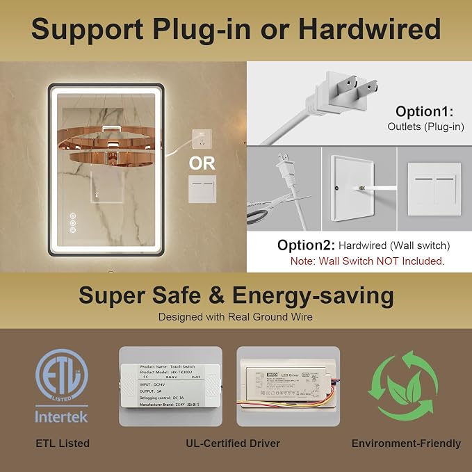 24x36 Inch Black Frame LED Bathroom Mirror with Lights, Dimmable Smart Lighted Bathroom Mirror, Anti-Fog, 3 Colors, Frontlit and Backlit, Waterproof, Memory Function Wall Mirror for Bathroom