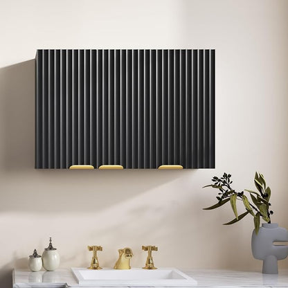 ChooChoo Bathroom Wall Cabinet, Laundry Room Cabinet with 3 Fluted Doors | Kitchen Storage Cupboard Cabinet with Adjustable Shelf, Fluted Wall-Mounted Medicine Cabinet for Kitchen, Garage, Black