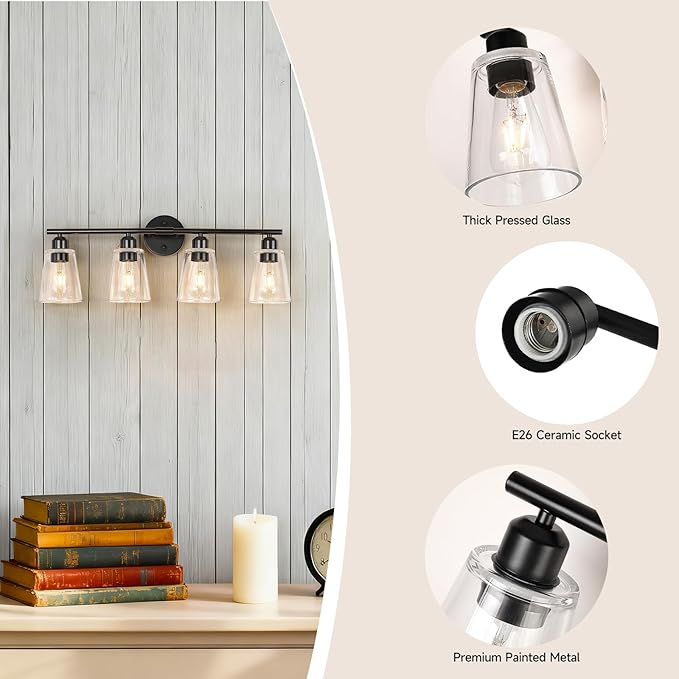 TALOYA 27 Inch Brushed Black Bathroom Light Fixtures with Thickend Clear Tapered Glass Shade, 4-Light Modern Vanity Light Over Mirror for Bathrooms, Bedrooms (Bulbs Not Included)