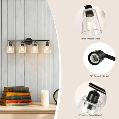 TALOYA 27 Inch Brushed Black Bathroom Light Fixtures with Thickend Clear Tapered Glass Shade, 4-Light Modern Vanity Light Over Mirror for Bathrooms, Bedrooms (Bulbs Not Included)
