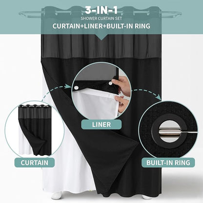 eachope No Hook Long Waffle Shower Curtain, Snap-in Liner, 71x86 in,Black | 230 GSM waffle weave fabric, waterproof liner set with 2 bottom magnets, mesh top window, washable, for bathroom or hotel use