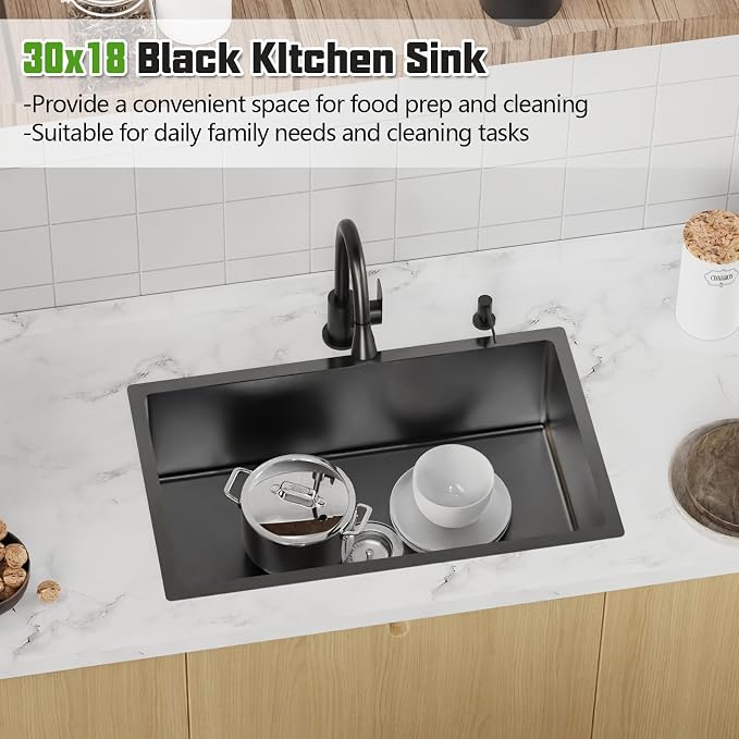 Black Kitchen Sink, 30x18 Inch Stainless Steel Undermount Modern Single Bowl Kitchen Sink Combo-Silicon Mat,Drain Strainer Set Offering Large Basin And Compatibility With Various Kitchen&Bar Style
