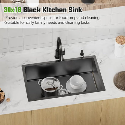 Black Kitchen Sink, 30x18 Inch Stainless Steel Undermount Modern Single Bowl Kitchen Sink Combo-Silicon Mat,Drain Strainer Set Offering Large Basin And Compatibility With Various Kitchen&Bar Style
