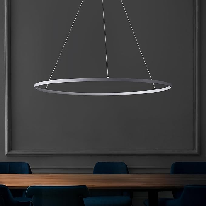 JONATHAN Y 35" Gray Modern Integrated LED Pendant Light, Dimmable Round Hoop Chandelier for Kitchen Island, Dining Room, Adjustable Height Metal Hanging Light (JYL7220E)