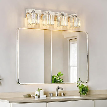 Bathroom vanity with mirror, lights, and decorative elements.