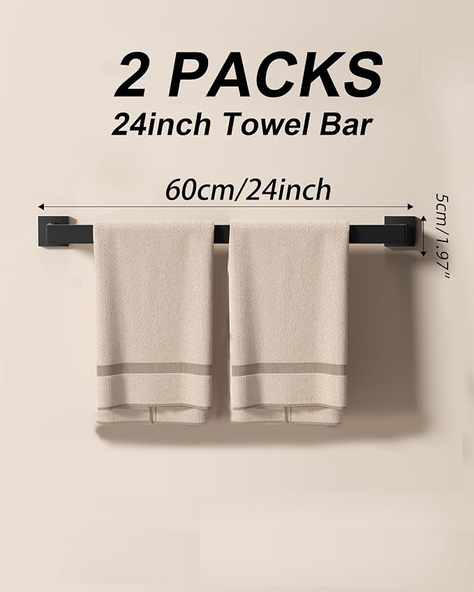 10-Piece Square Bathroom Hardware Set 24" Towel Bar X2, Toilet Paper Holders with Shelves X2, Towel Hooks X4, 2X Towel Rings X2 Bathroom Accessories (Matte Black-24inch)
