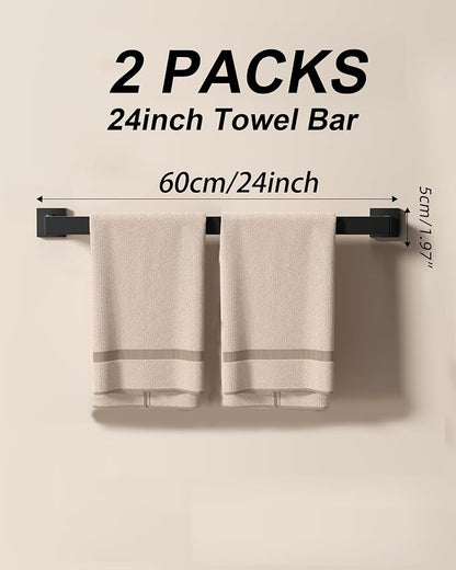 10-Piece Square Bathroom Hardware Set 24" Towel Bar X2, Toilet Paper Holders with Shelves X2, Towel Hooks X4, 2X Towel Rings X2 Bathroom Accessories (Matte Black-24inch)