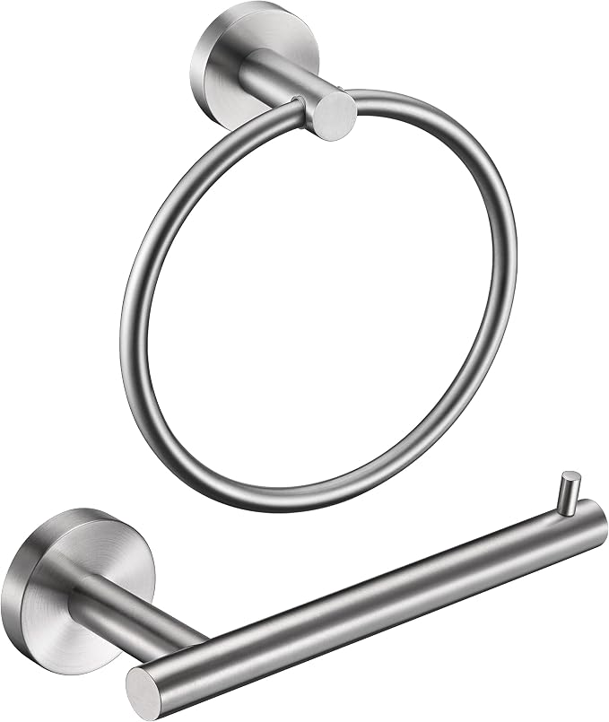Brushed Nickel Toilet Paper Holder, Towel Ring Set 2 Pieces Hand Towel Holder for Bathroom Hardware Accessories Set SUS304 Stainless Steel Sturdy Wall Mount Bathroom Holder