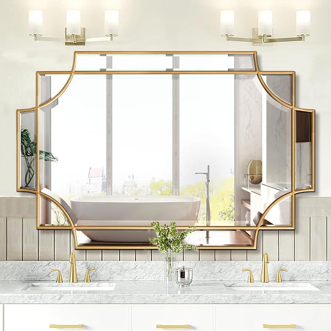 Gold Mirror for Wall, 32"x48" Large Decorative Mirrors for Wall Decor, Polished Bevelled Full Length Long Mirror for Living Room, Bathroom, Bedroom, Entryway