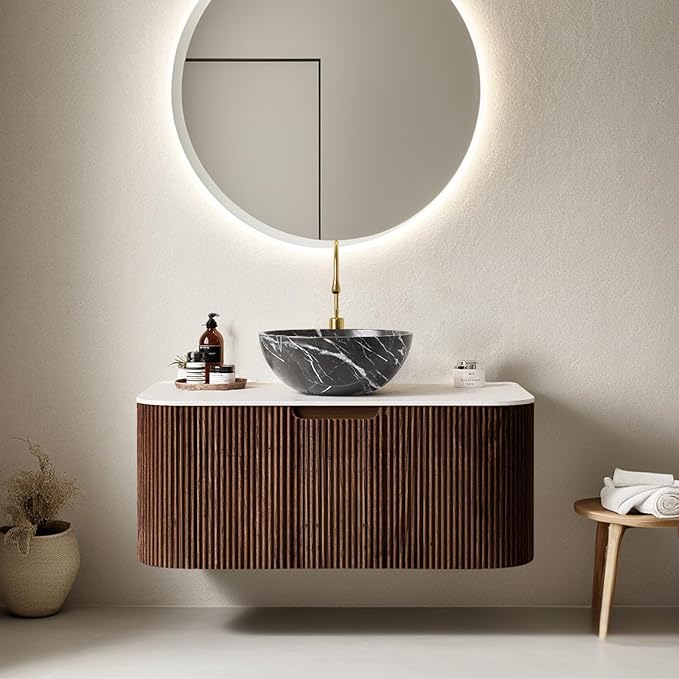 36" Floating Bathroom Vanity with Sink, Wall Mounted Modern Bathroom Cabinet with Ultra-Thin Ceramic Black Basin and Marble Top, Large Storage Drawer, Soft-Close Design, Dark Walnut