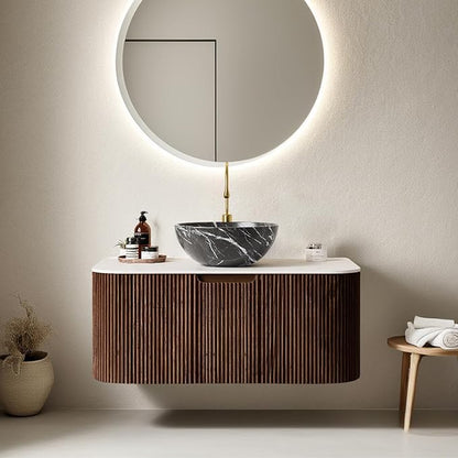 36" Floating Bathroom Vanity with Sink, Wall Mounted Modern Bathroom Cabinet with Ultra-Thin Ceramic Black Basin and Marble Top, Large Storage Drawer, Soft-Close Design, Dark Walnut