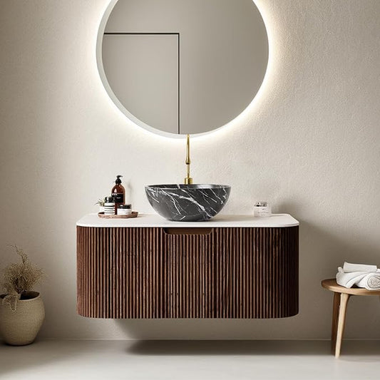 36" Floating Bathroom Vanity with Sink, Wall Mounted Modern Bathroom Cabinet with Ultra-Thin Ceramic Black Basin and Marble Top, Large Storage Drawer, Soft-Close Design, Dark Walnut