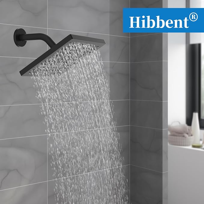 Hibbent cUPC Certified Thickness Metal 8'' Rain Shower Head, Matte Black | High Pressure Shower Head, Bathroom Waterfall Shower Heads, High Flow Fixed Showerheads with Adjustable Brass Ball Joint