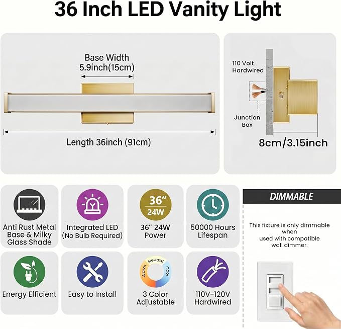 URSOLA 36" Modern LED Bathroom Light Fixtures, Golden 3CCT Dimmable Bathroom Vanity Light Over Mirror, Bathroom Vanity Bath Bar Lights with Double Layer Acrylic Shade