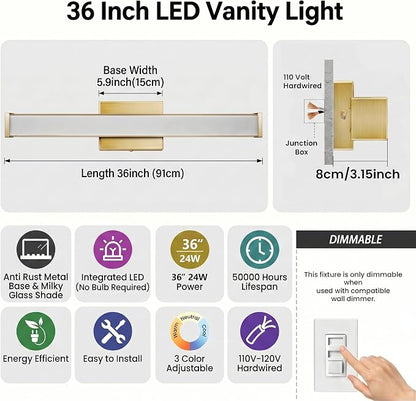 URSOLA 36" Modern LED Bathroom Light Fixtures, Golden 3CCT Dimmable Bathroom Vanity Light Over Mirror, Bathroom Vanity Bath Bar Lights with Double Layer Acrylic Shade