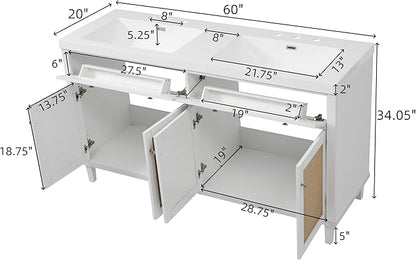 60 Inch Bathroom Vanity with Double Sink,White Doule Sink Vanity with 2 Tip-Out Trays & 4 Soft Closing Doors,Large Storage Space,Silver Knobs,Solid Wood Legs,Woven Rattan Doors Front