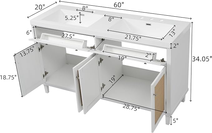 60" Double Sink Bathroom Vanity with Double Sinks, Soft Closing Doors and Flip-Out Drawers, Solid Wood Frame & MDF Modern Wood Bathroom Sink Cabinet, Freestanding Solid Wood Legs