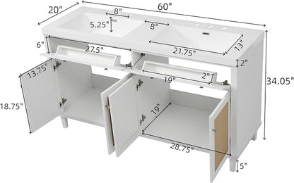 60" Double Sink Bathroom Vanity with Double Sinks, Soft Closing Doors and Flip-Out Drawers, Solid Wood Frame & MDF Modern Wood Bathroom Sink Cabinet, Freestanding Solid Wood Legs