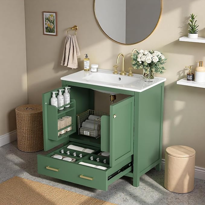 30" Freestanding Bathroom Vanity with Sink, Floor Stand Bathroom Storage Cabinet with Ceramic Sink, Doors with Double-Layered Storage Shelves, Modern Compact Vanity with Divided Drawer, Green