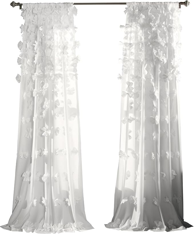 Lush Decor Riley Light Filtering Window Curtain Panel, Single 54" W x 108" L, White - Cute White Curtains for Bedroom - Bow Decor - Coquette Curtains for Windows