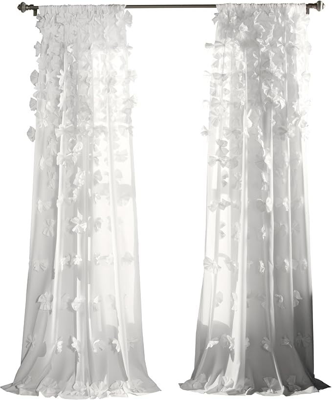 Lush Decor Riley Light Filtering Window Curtain Panel, Single 54" W x 84" L, White - Cute White Curtains for Bedroom - Bow Decor - Coquette Curtains for Windows (Pack of 4)