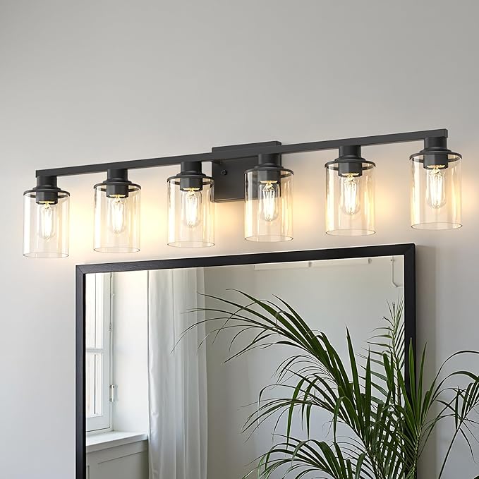 DORESshop Bathroom Light Fixtures, 6-Light Matte Black Bathroom Lighting Fixtures Over Mirror with Clear Glass Shade, Vanity Lights for Hallway Living Room Bedroom