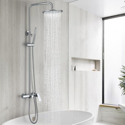 RBROHANT Exposed Shower System with Tub Spout, Polished Chrome Exposed Pipe Shower Faucet with 3 Functions Brass Shower Valve, Shower Height Adjustable, Wall Mounted