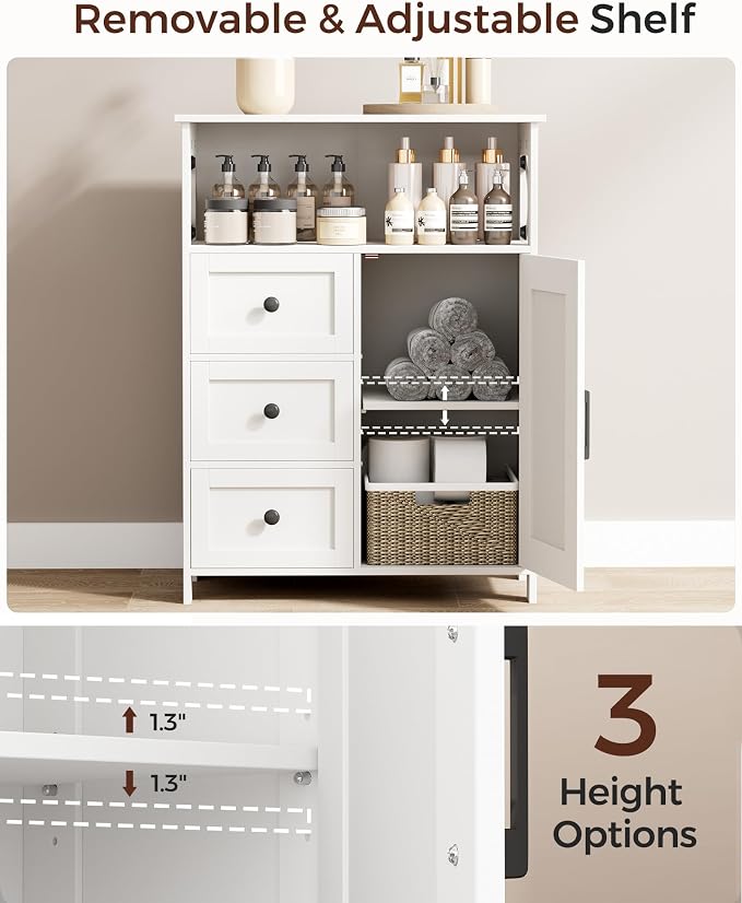 Homhedy Bathroom Storage Cabinet with 3 Drawers, Toilet Paper Cabinet | Farmhouse Freestanding Floor Cabinet with Door and Adjustable Shelf, Small Cabinet for Bathroom, Living Room, White