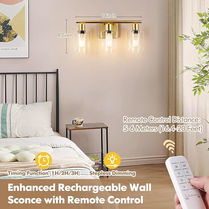 Battery Operated Wall Sconce, 3-Light Dimmable Rechargeable Wireless Vanity Light Fixture with Remote & Bulbs, Gold Indoor Non-Hardwired Decor Wall Lamp for Bedroom, Living Room, Hallway, Mirror