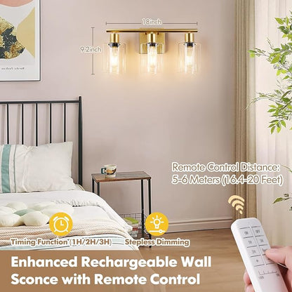 Battery Operated Wall Sconce, 3-Light Dimmable Rechargeable Wireless Vanity Light Fixture with Remote & Bulbs, Gold Indoor Non-Hardwired Decor Wall Lamp for Bedroom, Living Room, Hallway, Mirror