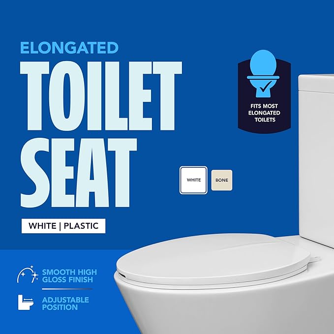 HIGHCRAFT Premium Elongated Toilet Seat with Adjustable Hinges - Molded Plastic Toilet Seat - Fits Standard Elongated Toilets - Oval Seat in White