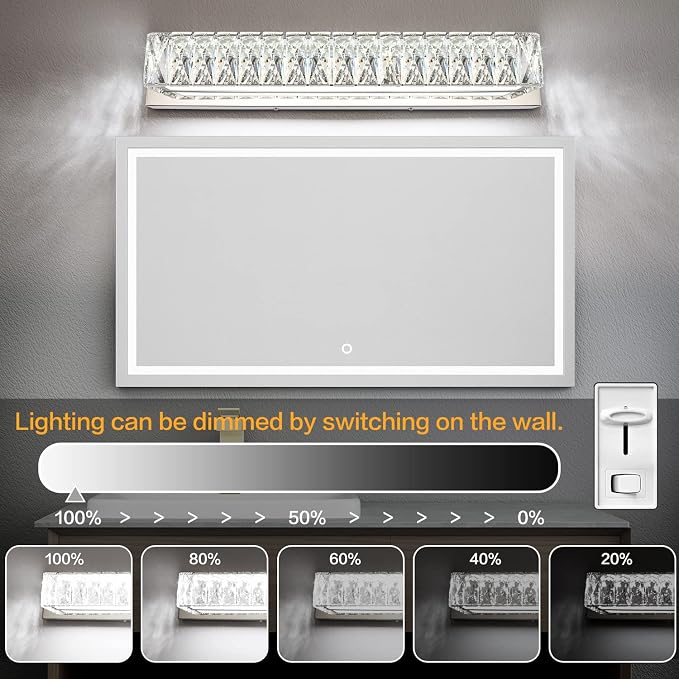 Modern Bathroom Light Fixtures - LED Vanity Lights for Bathroom 18W - Crystal Chrome Lighting Fixtures Over Mirror for Bath