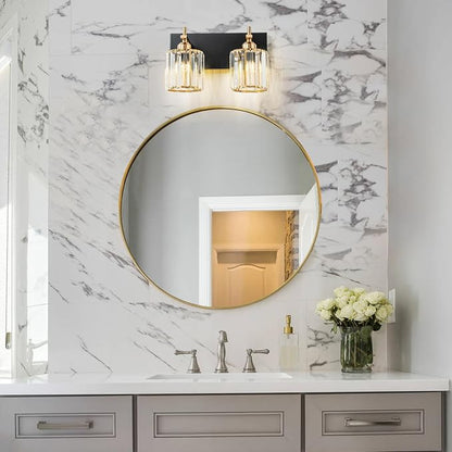 2-Light Crystal Bathroom Vanity Lights, Black Gold Modern Bathroom Light Fixtures Over Mirror Crystal Wall Lighting with Polished Gold Finish