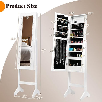 LOKO Jewelry Armoire with 18 LED Lights, Freestanding Jewelry Organizer with Full-length Mirror, Large Storage Mirrored Jewelry Cabinet with 16 Lipstick Holders, for Bedroom, Dressing Room (White)