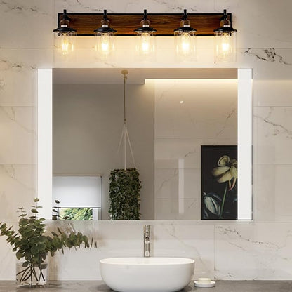 5-Light Farmhouse Bathroom Light Fixtures Vintage Bathroom Vanity Lights Over Mirror Black and Wood Painted Metal Vanity Light for Bathroom with Glass Shades E26 Socket
