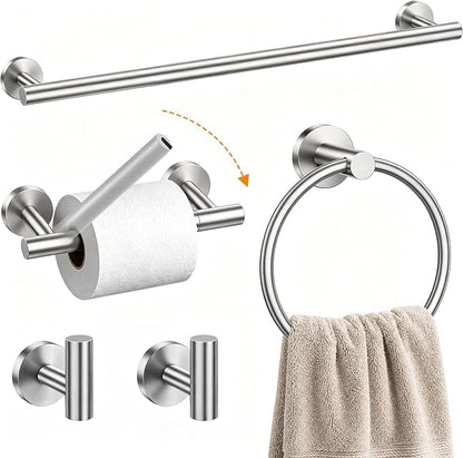 5 Piece Brushed Nickel Bathroom Hardware Accessories Set, 24" Towel Bar Set | Bathroom Towel Rack Set with Wall Mounted SUS304 Stainless Steel , Double Post Toilet Paper Holder, Towel Ring & Robe Hooks