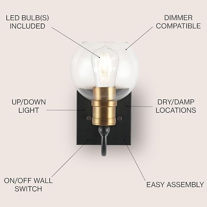 JONATHAN Y 5.88" Black/Brass Gold 1-Light Vintage Wall Sconce, LED Vanity Light for Bathroom Bedroom Entryway, Clear Glass Globe Shade, Modern Industrial Arched Lamp, LED Bulb Included JYL3526A