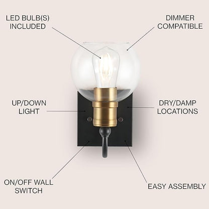 JONATHAN Y 5.88" Black/Brass Gold 1-Light Vintage Wall Sconce, LED Vanity Light for Bathroom Bedroom Entryway, Clear Glass Globe Shade, Modern Industrial Arched Lamp, LED Bulb Included JYL3526A