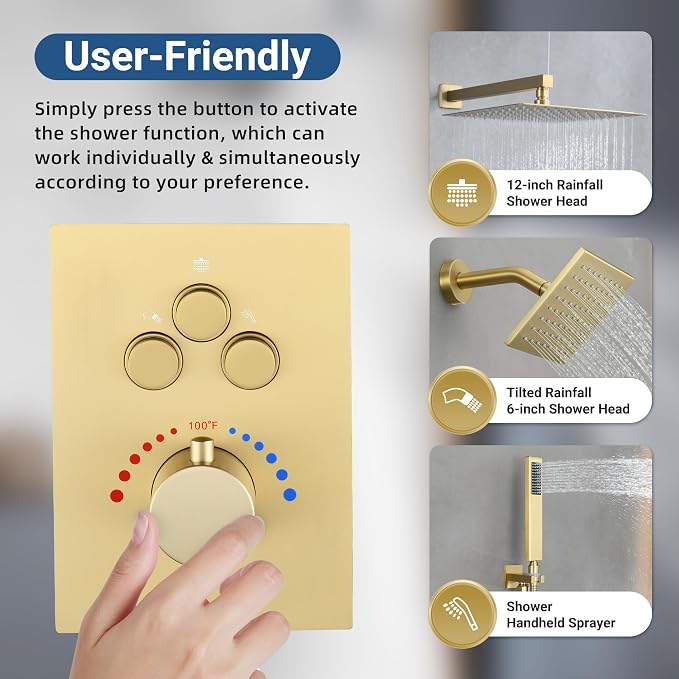 Thermostatic Dual Shower System, Rain Shower Faucet, Brushed Gold | 12 Inch Shower Head, 6 Inch Wall Mount Head, High Pressure Handheld Sprayer, Push Button Valve