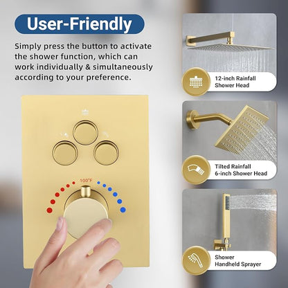 Thermostatic Dual Shower System, Rain Shower Faucet, Brushed Gold | 12 Inch Shower Head, 6 Inch Wall Mount Head, High Pressure Handheld Sprayer, Push Button Valve