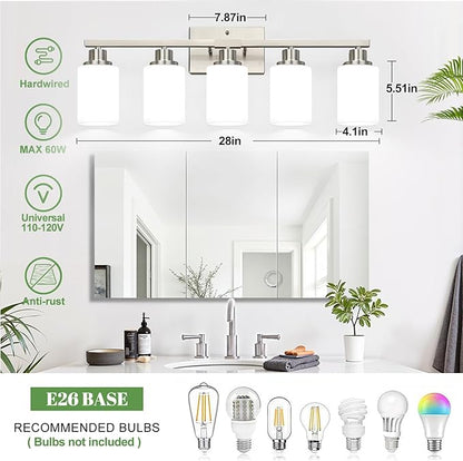 5-Light Vanity Light with Milky White Shades, Brushed Nickle Bathroom Lighting Fixtures Over Mirror, Modern Bathroom Wall Lamp for Mirror Living Room Cabinet Bedroom