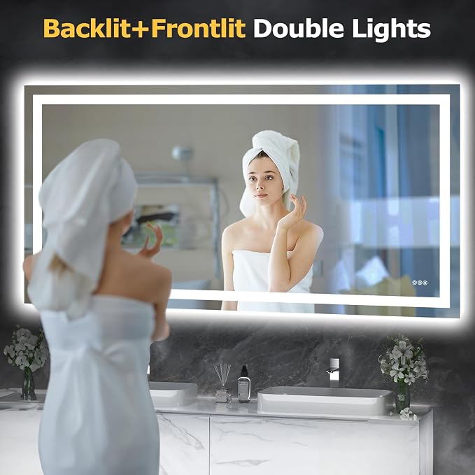 Hivone 72"X36" LED Bathroom Mirror with Lights, Anti-Fog, Dimmable, Backlit + Front Lit, Smart Bathroom Vanity Mirror, Memory Function, Shatterproof, Tempered Glass (Horizontal/Vertical)