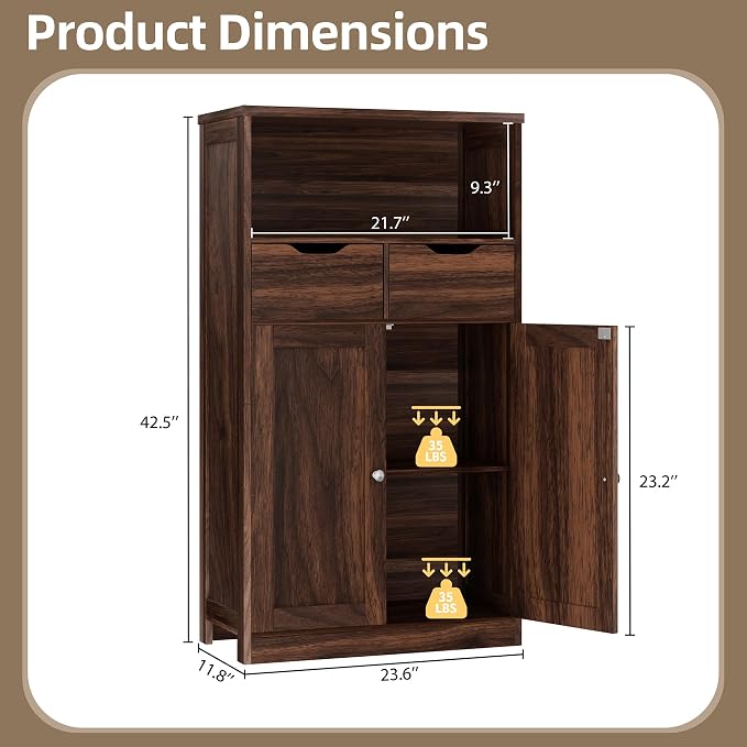 Walsunny Floor Storage Cabinet, Organizer with Doors and Drawers, Freestanding Side Cupboard Pantry with Adjustable Shelf for Bathroom/Living Room, Walnut Brown