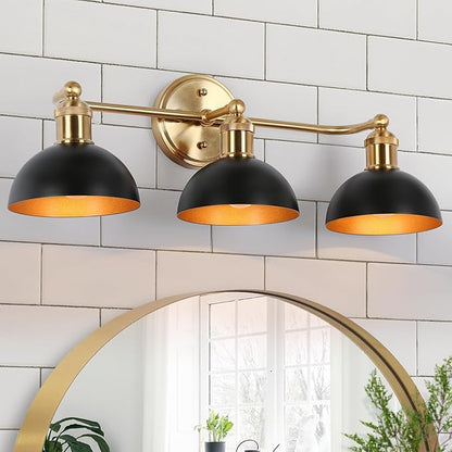 KSANA Black Brass Vanity Light, Modern Farmhouse Black and Gold Dome Bathroom Light, 3-Light Wall Lighting Fixture for Kitchen, Bedroom and Hallway