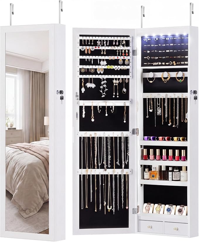 DUMOS 6 LEDs Mirror Jewelry Organizer, Jewelry Armoire Cabinet, 47.2 Inch | Hanging Door or Wall Mounted Mirror, Lockable, Large Capacity Cosmetic Storage, 2 Drawers, Gift Idea, Cream